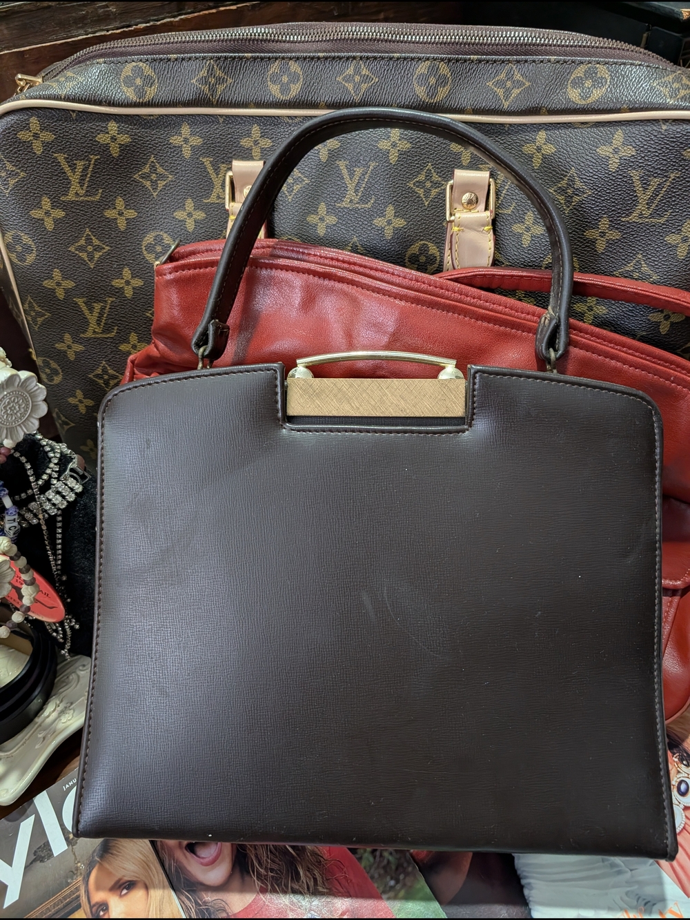 Vintage Structured Brown Top-Handle Satchel with Gold Accent